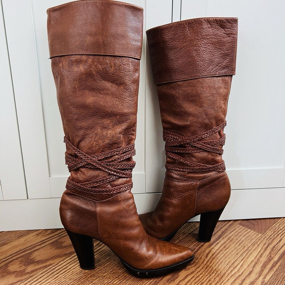 Gorgeous Vince Camuto Brown Leather Buckled Braided Knee High Riding Boots Sz 8B - Picture 6 of 11